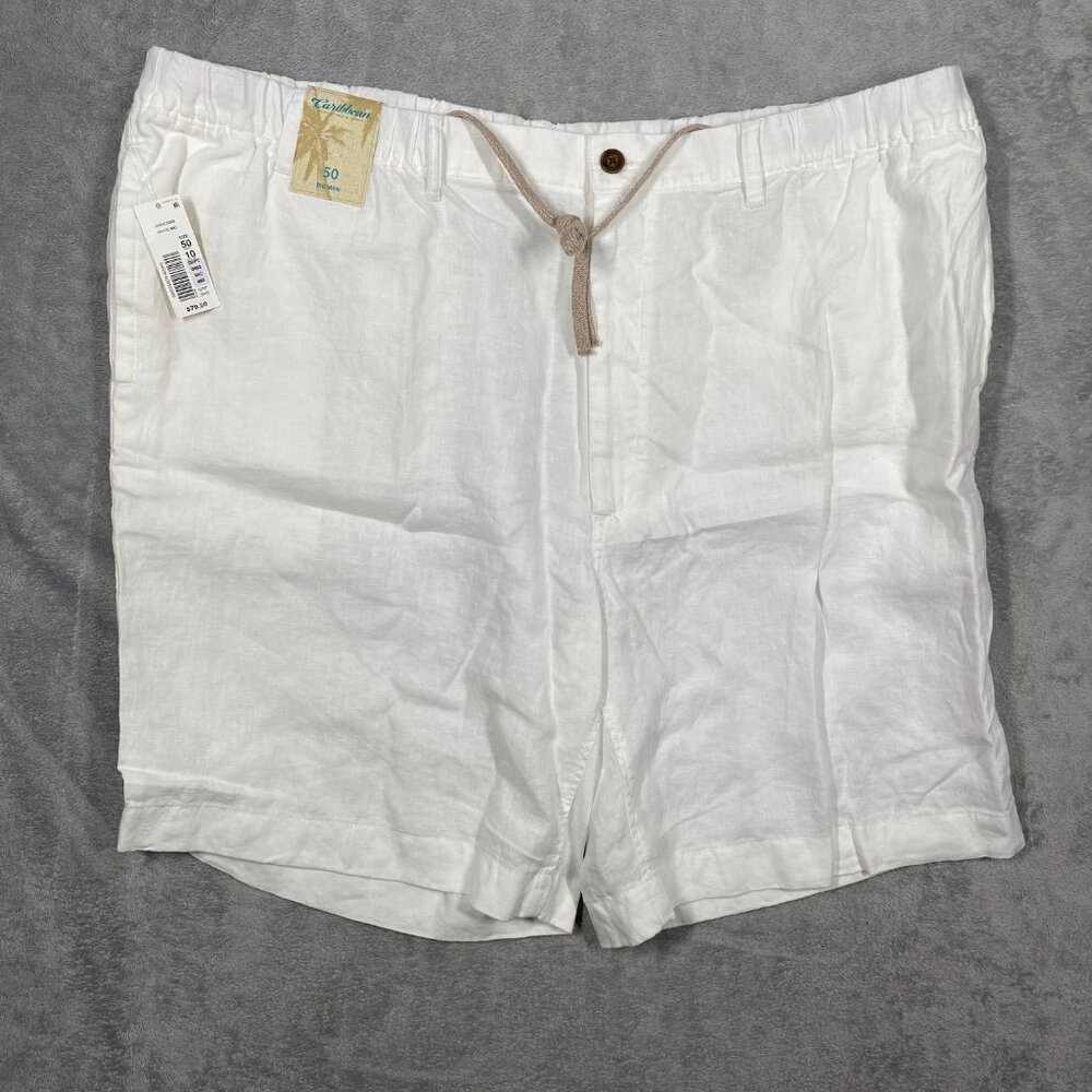 Caribbean Linen Drawstring Shorts Mens Size 50 White Elastic Waist Relaxed NEW